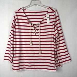 Gap Top Red Stripe‎ XXL Long Sleeve Cotton Tie Neckline Nautical Preppy NEW FLAW
